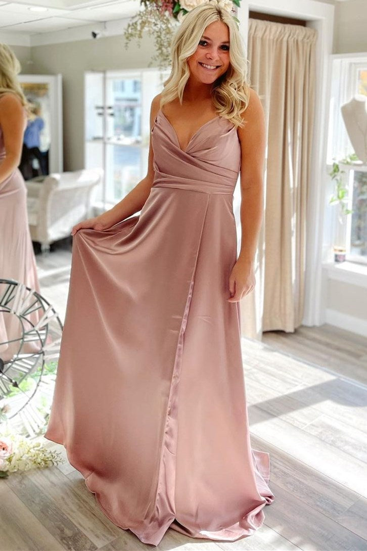 A-Line  Satin Pleated V-Neck Backless Long Prom Dress