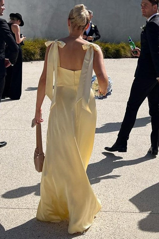 Light Yellow Straps A-Line Bridesmaid Dress with Slit