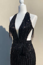 Black Sequin Fringe Halter Long Prom Dress with Slit