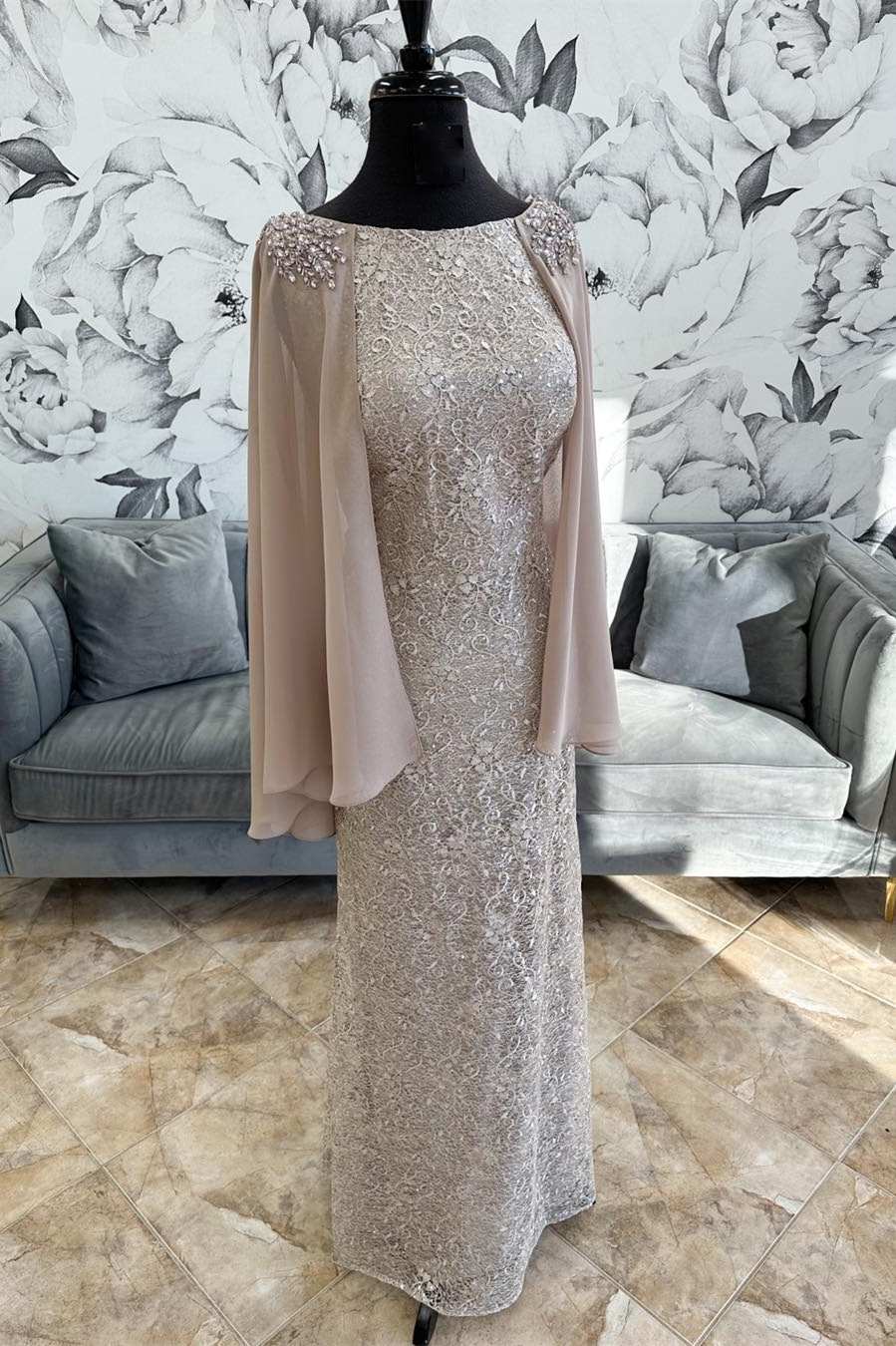 Gray Lace Round Neck Long Formal Dress with Cape Sleeves
