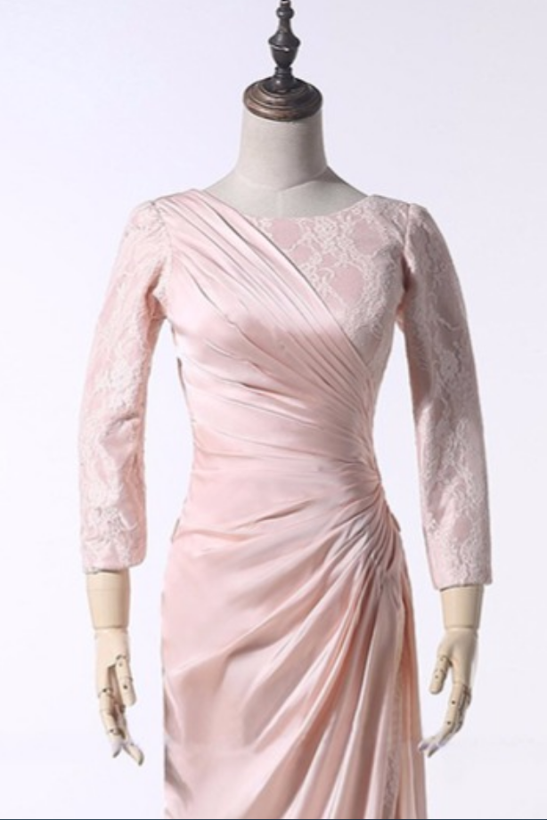 Blush Pink Satin Long Sleeve Ruched Mother of the Bride Dress