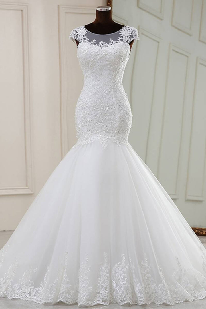 Elegant White Beaded Embroidered Cap Sleeve Trumpet Wedding Dress
