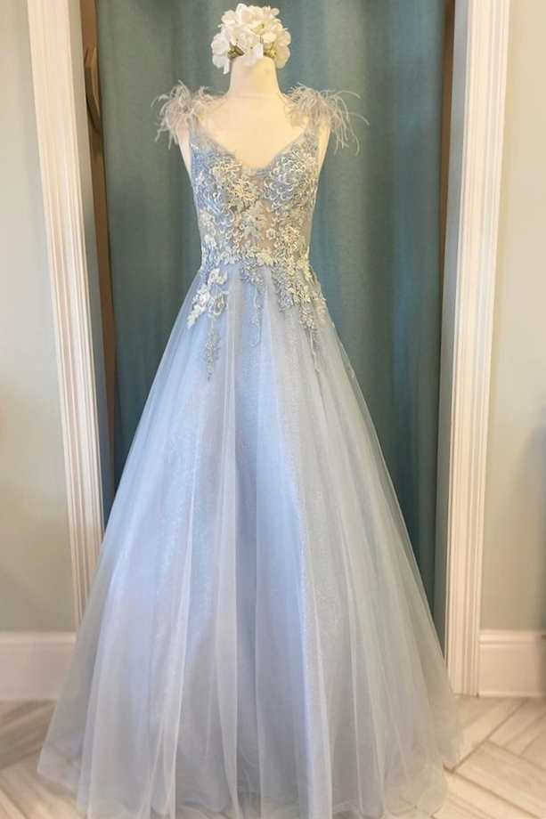 Dusky Blue Floral Lace Feather V-Neck A-Line Long Prom Dress
