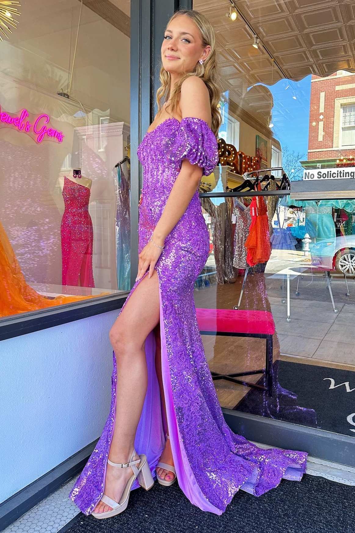 Purple Sequin Strapless Mermaid Long Prom Dress with Puff Sleeves
