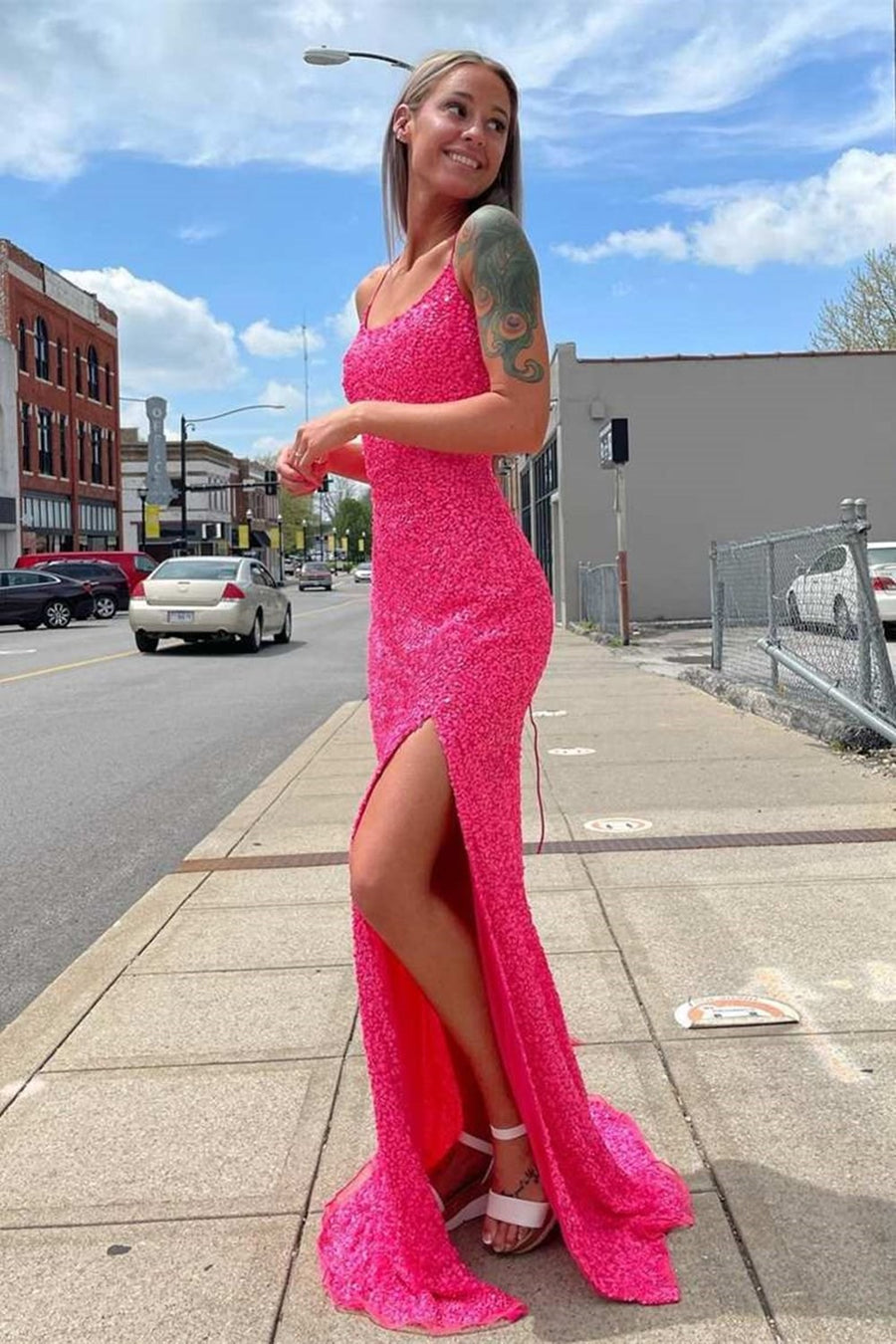 Neon Pink Sequin Mermaid Long Formal Dress