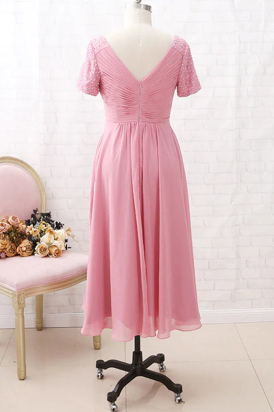 Pink Chiffon V-Neck Beaded Sleeve Mother of the Brides Dress