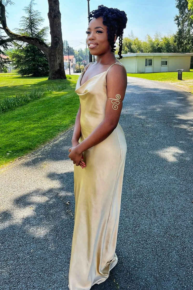Champagne Satin Cowl Neck Long Bridesmaid Dress Modsele Champagne Satin Cowl Neck Long Bridesmaid Dress Modsele