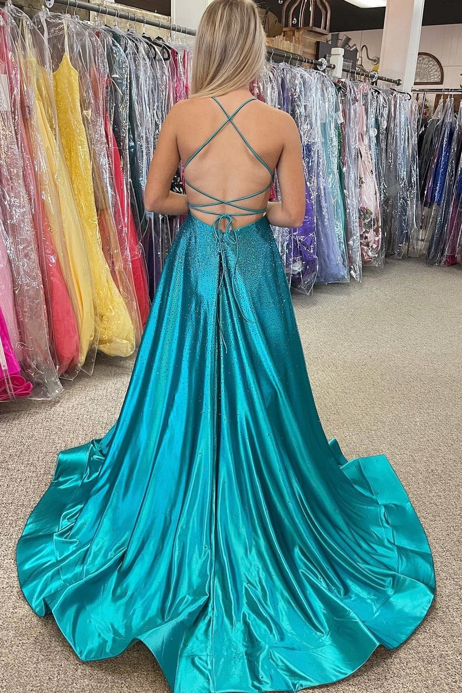 Turquoise Beaded Halter Backless A-Line Prom Dress