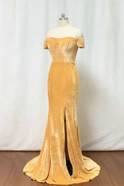 Gold Velvet Off-the-Shoulder Mermaid Bridesmaid Dress