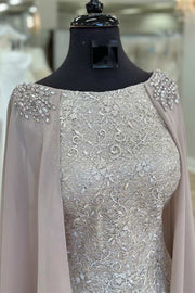 Gray Lace Round Neck Long Formal Dress with Cape Sleeves