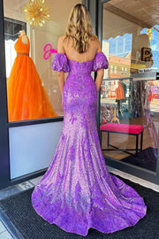 Purple Sequin Strapless Mermaid Long Prom Dress with Puff Sleeves