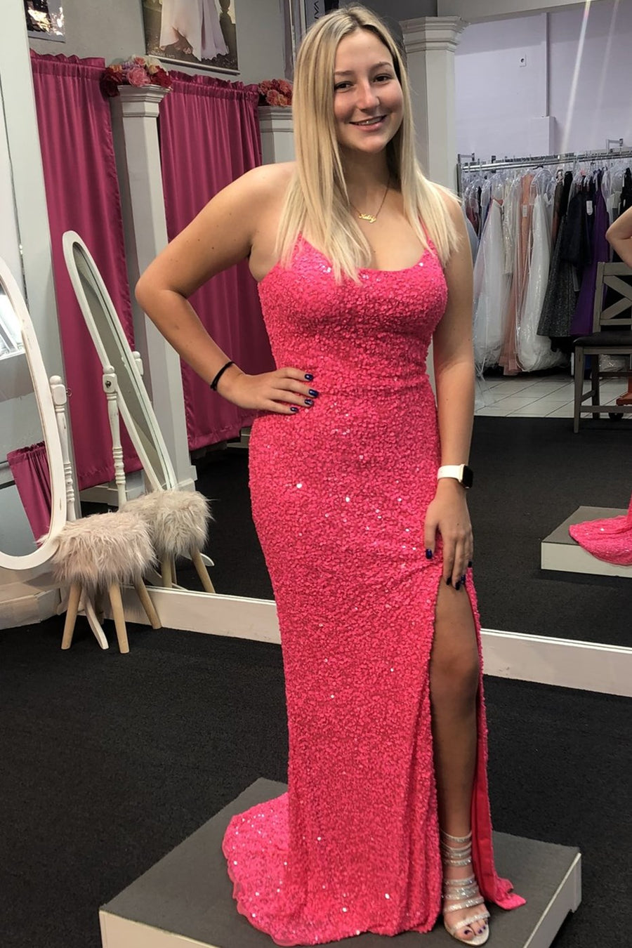 Neon Pink Sequin Mermaid Long Formal Dress - Modsele Neon Pink Sequin Mermaid Long Formal Dress - Modsele