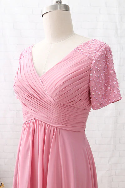 Pink Chiffon V-Neck Beaded Sleeve Mother of the Brides Dress