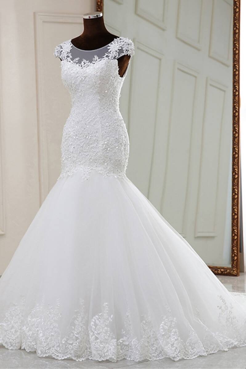 Elegant White Beaded Embroidered Cap Sleeve Trumpet Wedding Dress