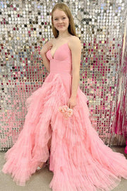 Pink Tulle High-Waist Tiered Long Prom Dress with Ruffles