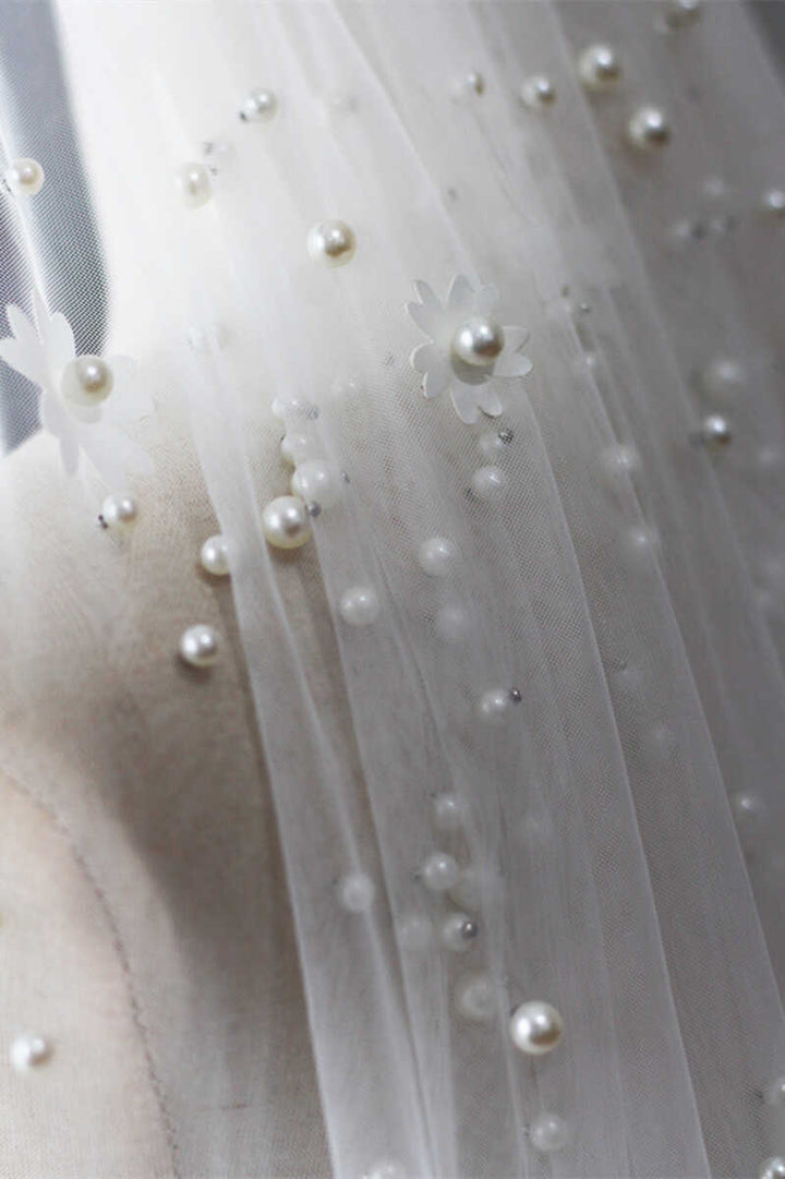 Dreamy Mesh Flower & Pearl Long Bridal Veil