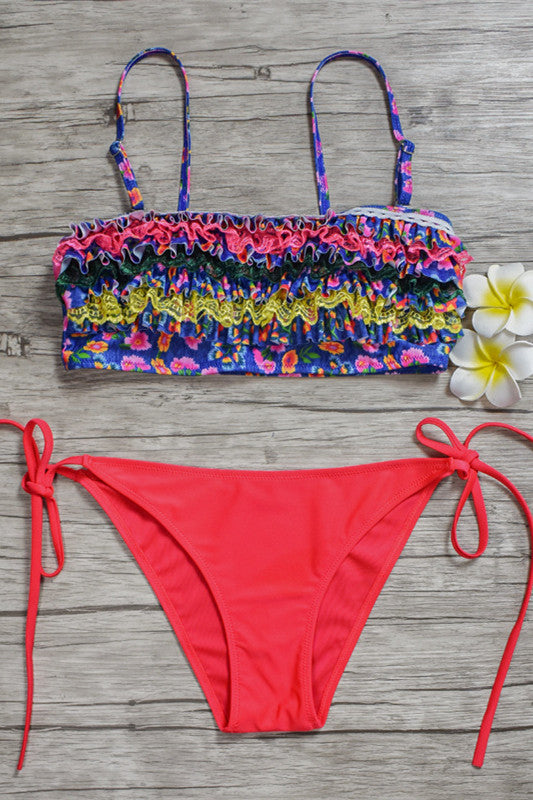 Green Print Side-Tie Ruffled Swimsuit