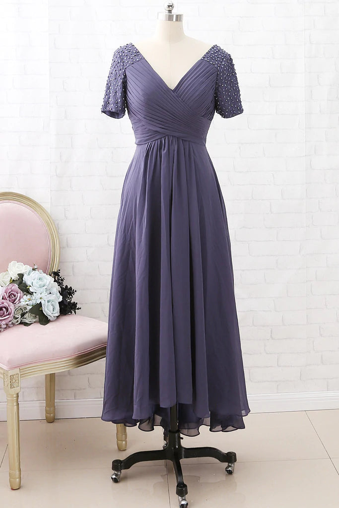 Pink Chiffon V-Neck Beaded Sleeve Mother of the Brides Dress