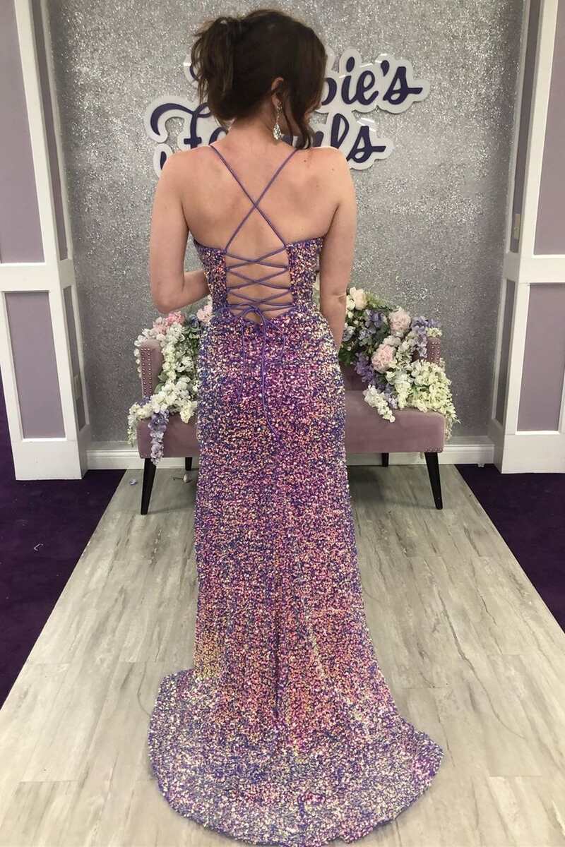 Purple Multi Sequin V-Neck Fringe Mermaid Long Prom Dress