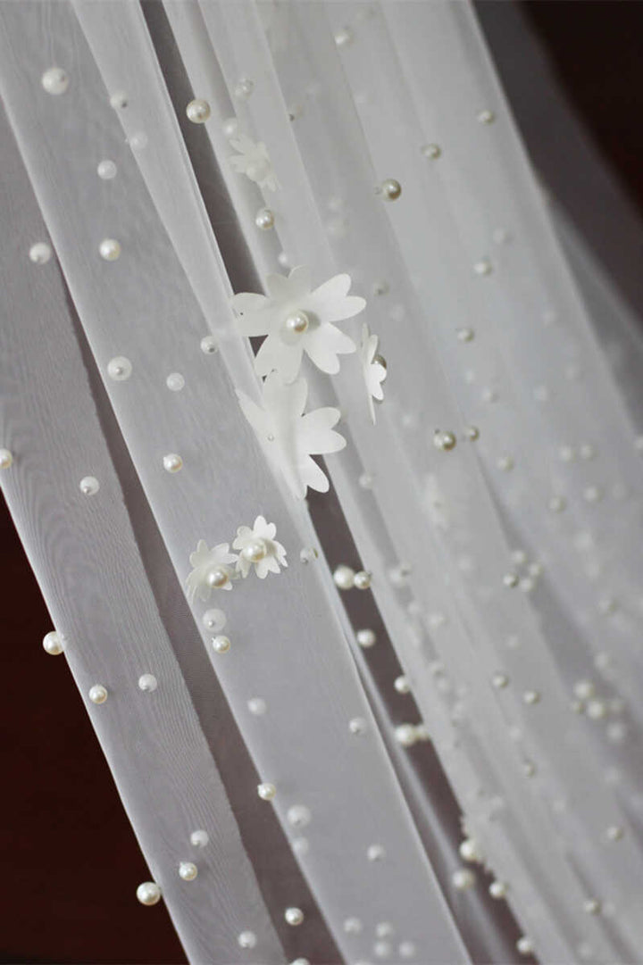 Dreamy Mesh Flower & Pearl Long Bridal Veil
