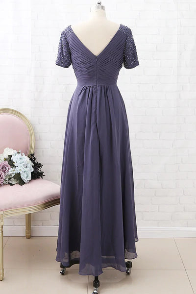 Pink Chiffon V-Neck Beaded Sleeve Mother of the Brides Dress