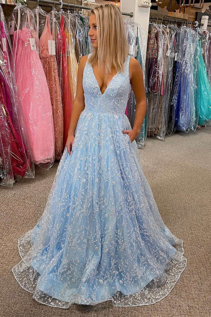 Princess Light Blue Lace V-Neck Backless A-Line Prom Gown – Modsele