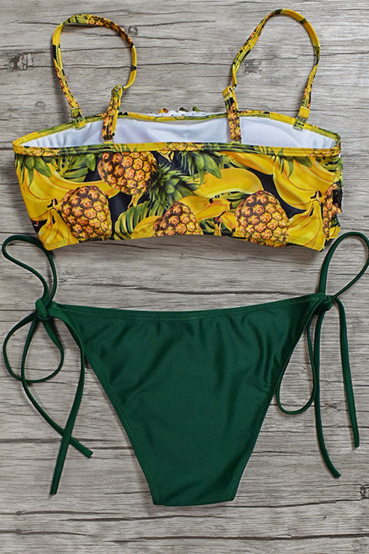 Green Print Side-Tie Ruffled Swimsuit