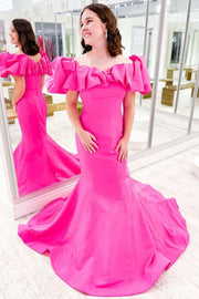 Neon Pink Off-the-Shoulder Mermaid Ruffled Prom Dress