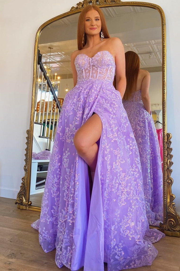 Sparkle Princess Lavender Bustier Puff Sleeve Lace Long Prom Gown