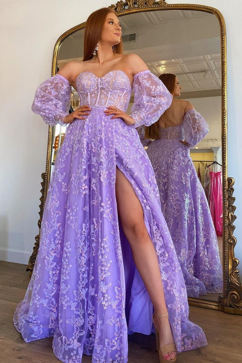 Sparkle Princess Lavender Bustier Puff Sleeve Lace Long Prom Gown