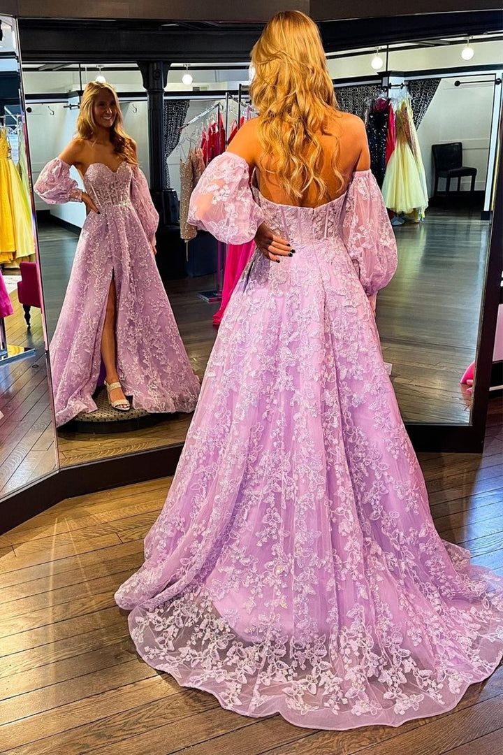 Sparkle Princess Lavender Bustier Puff Sleeve Lace Long Prom Gown