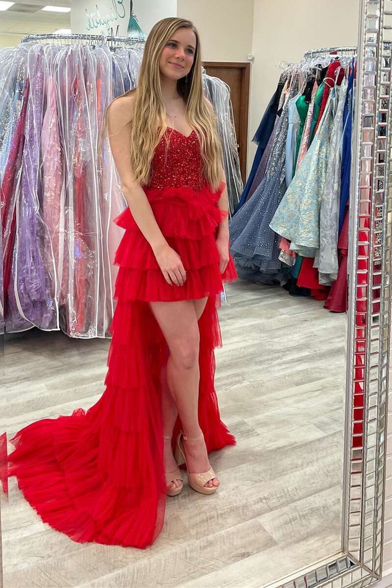 Red Sweetheart Multi-tiered High-low Prom Dress