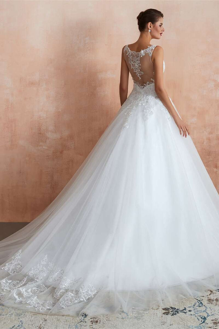 Glamorous Lace A-Line V-Neck Wedding Dress with Sheer Back