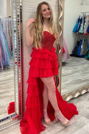 Red Sweetheart Multi-tiered High-low Prom Dress