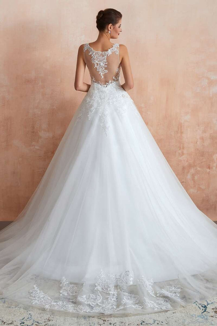 Glamorous Lace A-Line V-Neck Wedding Dress with Sheer Back