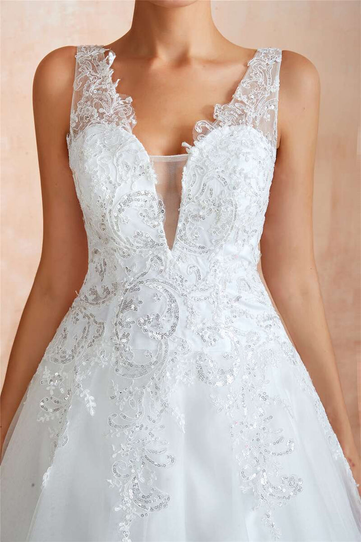Glamorous Lace A-Line V-Neck Wedding Dress with Sheer Back