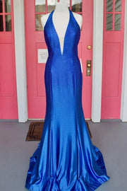 Royal Blue Beaded Plunge Halter Mermaid Long Prom Dress