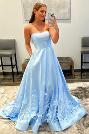 3D Flower Light Blue Strapless A-Line Prom Dress