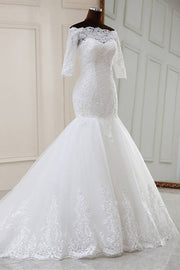 White Lace Off-the-Shoulder Half Sleeve Trumpet Wedding Dress