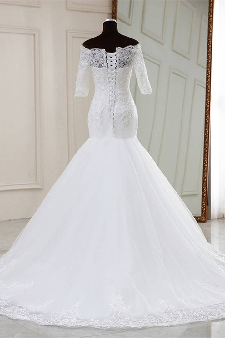 White Lace Off-the-Shoulder Half Sleeve Trumpet Wedding Dress