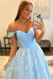 Light Blue Sweetheart Off-the-Shoulder A-line Prom Dress