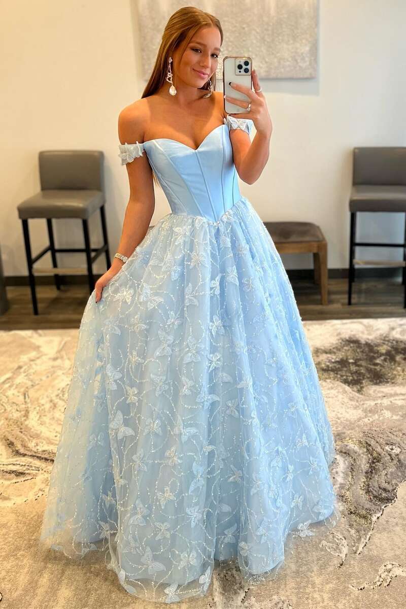 Light Blue Sweetheart Off-the-Shoulder A-line Prom Dress