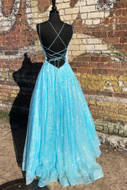 Blue Sequin V-Neck Pleated A-Line Prom Dress
