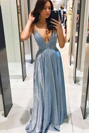 A-Line Light Blue V-Neck Backless Prom Gown
