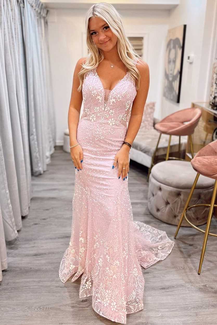 Pink Jacquard Tulle V-Neck Backless Mermaid Prom Dress