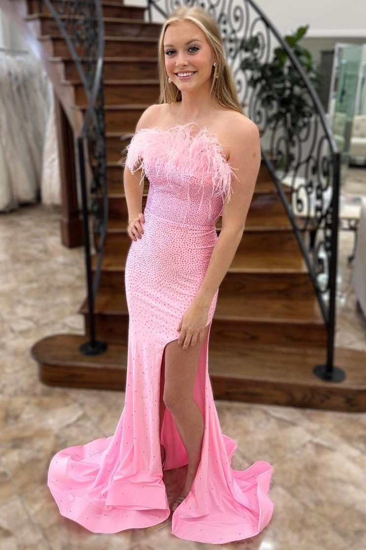 Pink Beaded Feather Strapless Lace-Up Mermaid Long Prom Dress