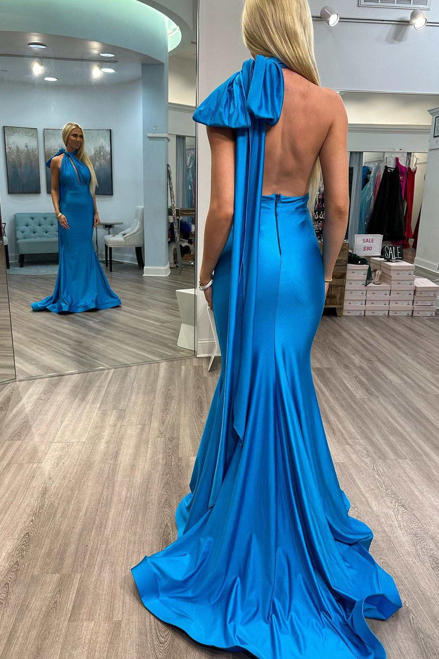 Royal Blue Halter Backless Mermaid Long Formal Dress