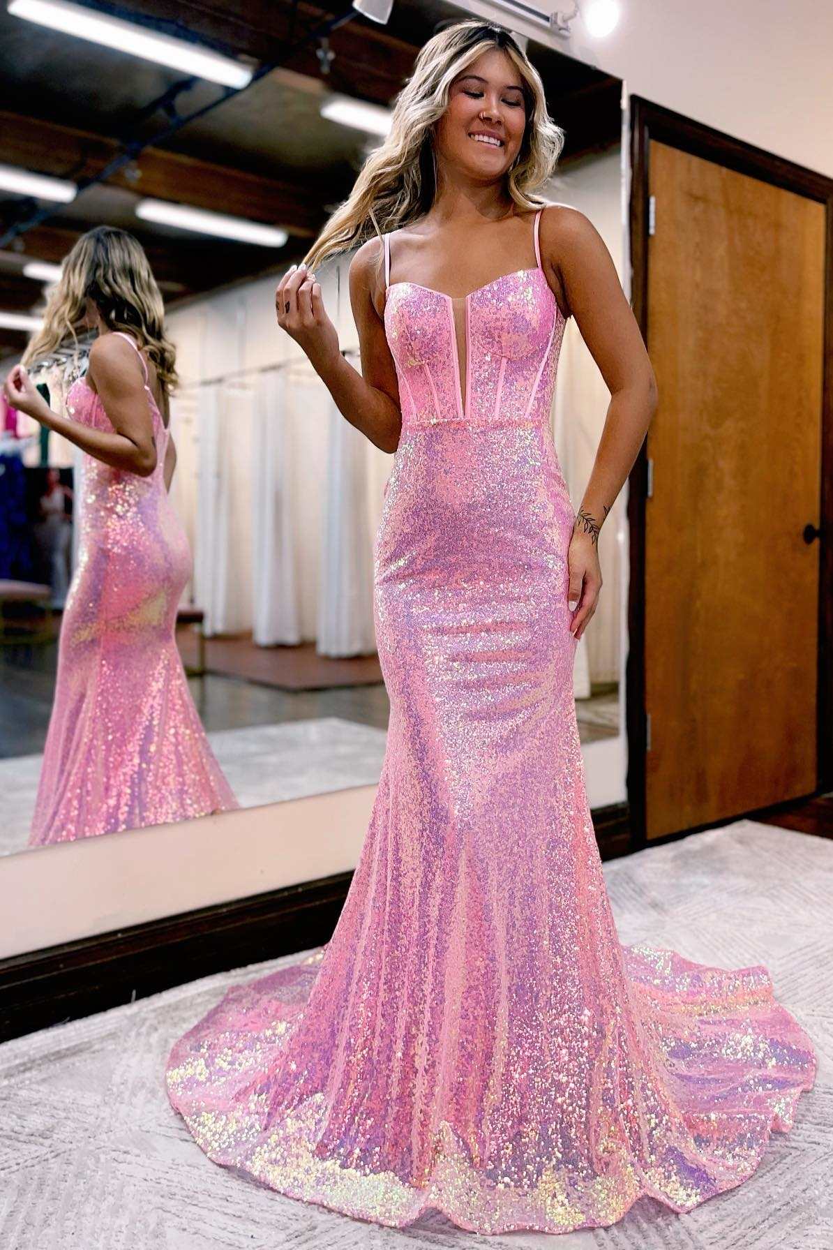 Iridescent Pink Scoop Neck Straps Trumpet Long Prom Dress Modsele Iridescent Pink Scoop Neck Straps Trumpet Long Prom Dress Modsele