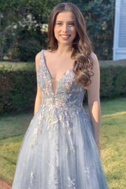 Light Gray Tulle Appliques V-Neck A-Line Long Prom Gown