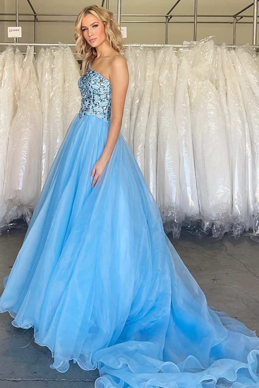 Stunning One-Shoulder Blue A-Line Long Prom Gown